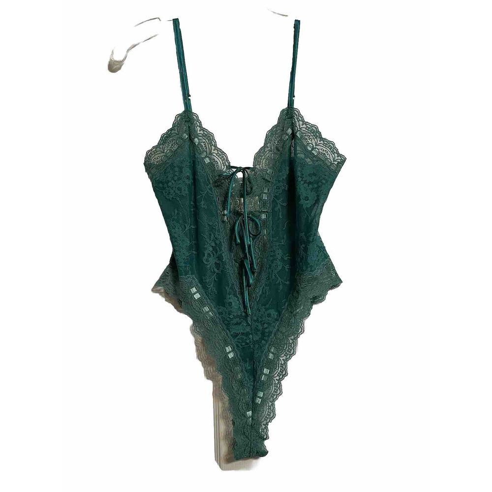 Victoria's Secret VTG  Bodysuit Womens Size‎ S Green Lace And Ribbon